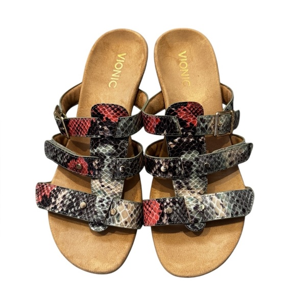 VIONIC PARK RADIA SNAKE PRINT LEATHER SANDAL LOW WEDGE TRIPLE STRAP 8 39 M NEW - Picture 1 of 9